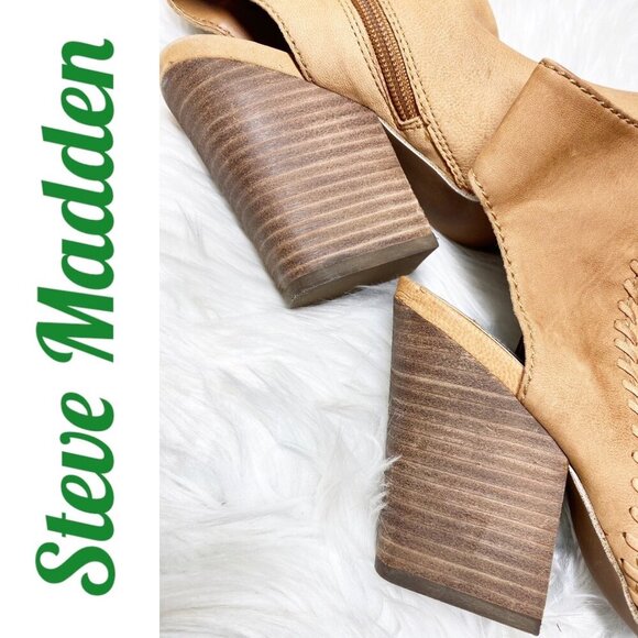 STEVE MADDEN MINGLE TAN LEATHER OPEN TOE OPEN HEEL BLOCK HEEL BOOTIE, SIZE 8 - Picture 7 of 13